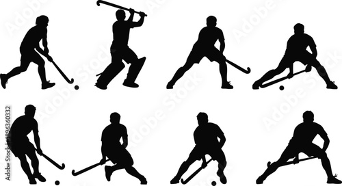 Field hockey player silhouettes performing dribbling, passing, and shooting actions isolated on white background for sports, training, and athletic design concepts