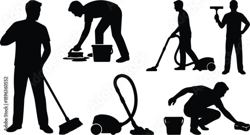 Silhouette vector set showing five cleaning people performing mop vacuum sweep wipe sponge bucket tasks in varied poses including standing crouching and side profile high contrast