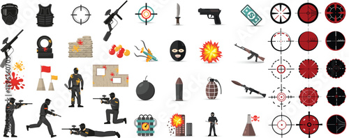 Military War Elements and Shooting Game Interface Vector Icons