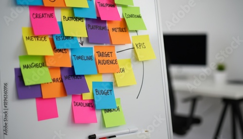 Closeup of a Whiteboard with Colorful Sticky Notes for Brainstorming and Planning