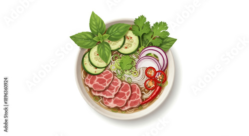 Vietnamese pho noodle soup presented with beef, fresh vegetables,