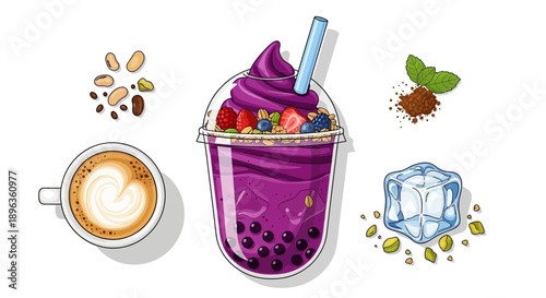 Vibrant berry smoothie served with fresh ingredients and a coffee