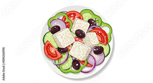 Vibrant illustration of a classic Greek salad with fresh ingredients