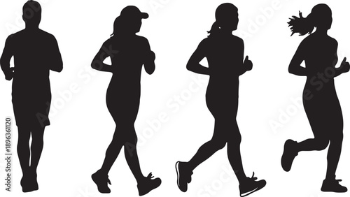 Vector illustration of black silhouettes showing women and girls in a passionate evolution of sport and dance, featuring people engaged in fitness, running, basketball, and music