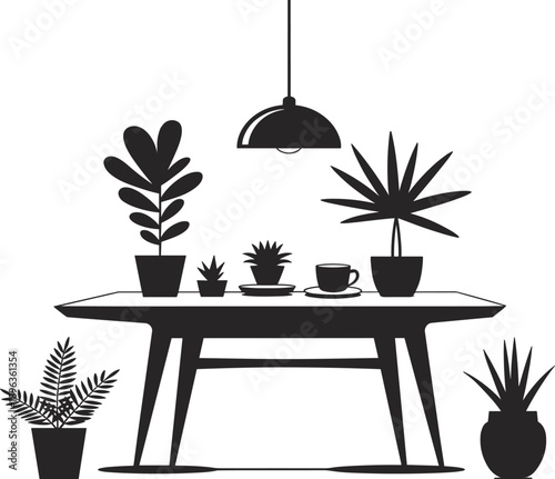 Indoor plants silhouette vector illustration featuring modern table decor with potted plants, coffee cup and hanging lamp for minimalist home interior design isolated