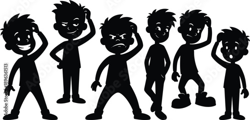 Vector art silhouette boys group scratching heads showing mixed emotions playful comic style high contrast standing pose varied expressions front view casual haircuts side lighting minimal