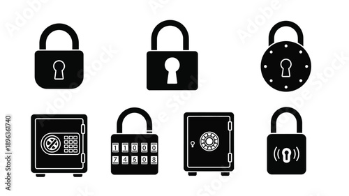 a collection of padlock and safe icons displayed in a simple silhouette