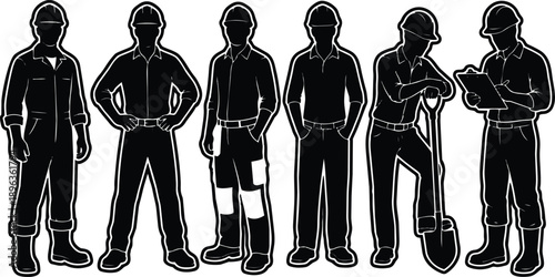 Minimalist vector silhouettes of six construction workers standing in a row with hard hats and workwear one holding shovel another checking clipboard side view three quarter