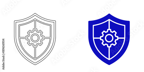 Security management and technical protection icon featuring a gear inside a defensive shield for system settings, administrative control, and cyber maintenance.