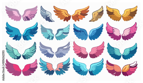 Cartoon Angel Wings Doodle Vector Icon Set