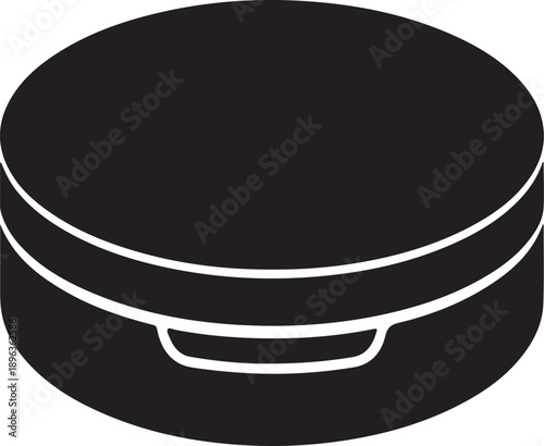 A black and white illustration of a round makeup case