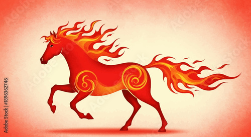 Majestic fiery horse with a dynamic, flaming mane and tail, symbolizing power and speed, captured within a vibrant circular illustration perfect for logos or emblems