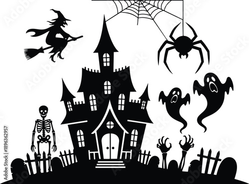 Silhouette vector haunted house scene with flying witch on broom and large hanging spider above graveyard with two ghosts and skeleton looking forward in black night