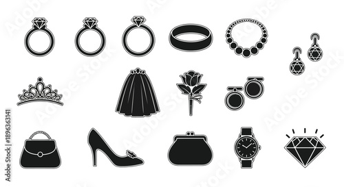 Collection of luxury fashion accessories and jewelry on white background including rings earrings bracelets watches purses high heels and a tiara conveying elegance and style