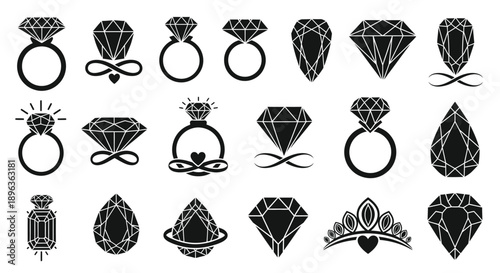 Collection of diamond and diamond ring icons in black on white background for luxury jewelry or design concepts