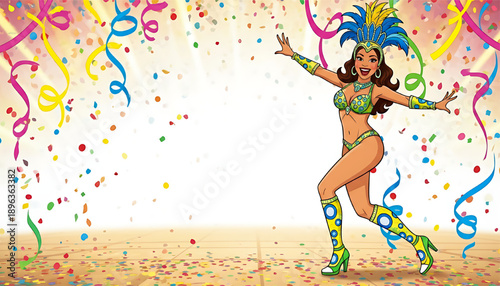Cartoon-style dancer performing at a Brazilian carnival. Female character in exotic carnival attire dancing in the street amidst confetti and glitter. Banner with space for text.