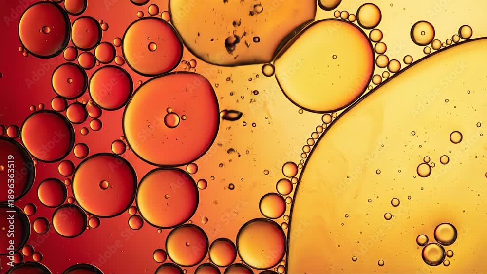custom made wallpaper toronto digitalAbstract science background with colorful oil drops in water, featuring bubbles moving and coalescing in dynamic and vibrant microscopic dance of immiscible liquids in warm orange and red tones. ASMR