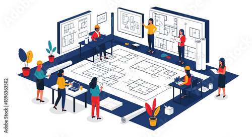 Isometric Architecture Teamwork: Female Architects and Engineers Collaborating on Blueprints and Floor Plans.