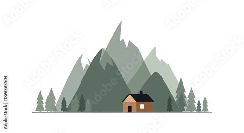 Cabin nestled in the mountains with towering peaks and evergreen trees.