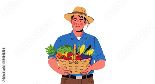 Farmer holding a basket full of fresh organic vegetables and fruits.