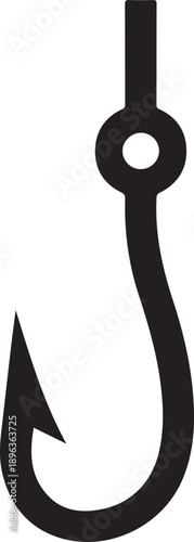 Simple black outline of a fishing hook with a sharp barb and loop for line attachment set against a transparent checkerboard background