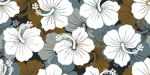 Tropical botanical Seamless pattern. Earth Tones Hibiscus pattern. motif exotic hibiscus design. Hawaiian shirt summer design. white, brown,  floral, brown floral patterns. vintage hibiscus flower.