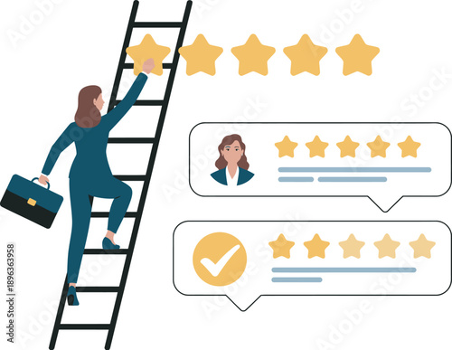 Businesswoman climbing ladder to reach stars with customer review ratings