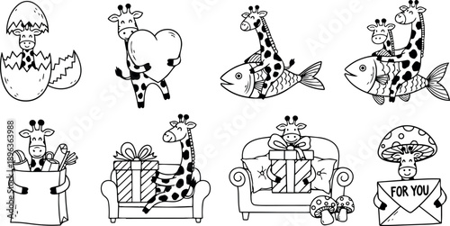 Black and white whimsical cartoon giraffes holding heart gift and riding fish in playful line art style with mushroom character