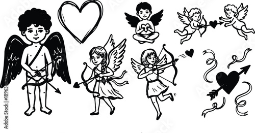 Tattoo flash hand drawn cherub and cupid collection showing winged boys and girls shooting arrows with hearts ribbons valentines day playful romantic black line art sketch