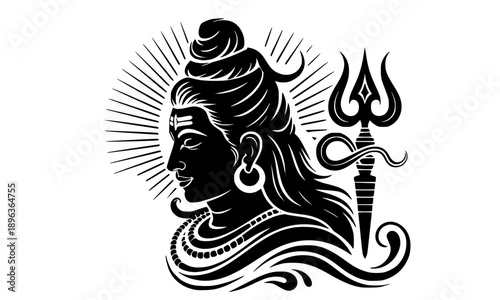Artistic black and white Lord Shiva silhouette featuring a trident Trishula and sacred sun rays, ideal for Maha Shivaratri celebrations, yoga studio decor, and spiritual Hindu mythology designs.