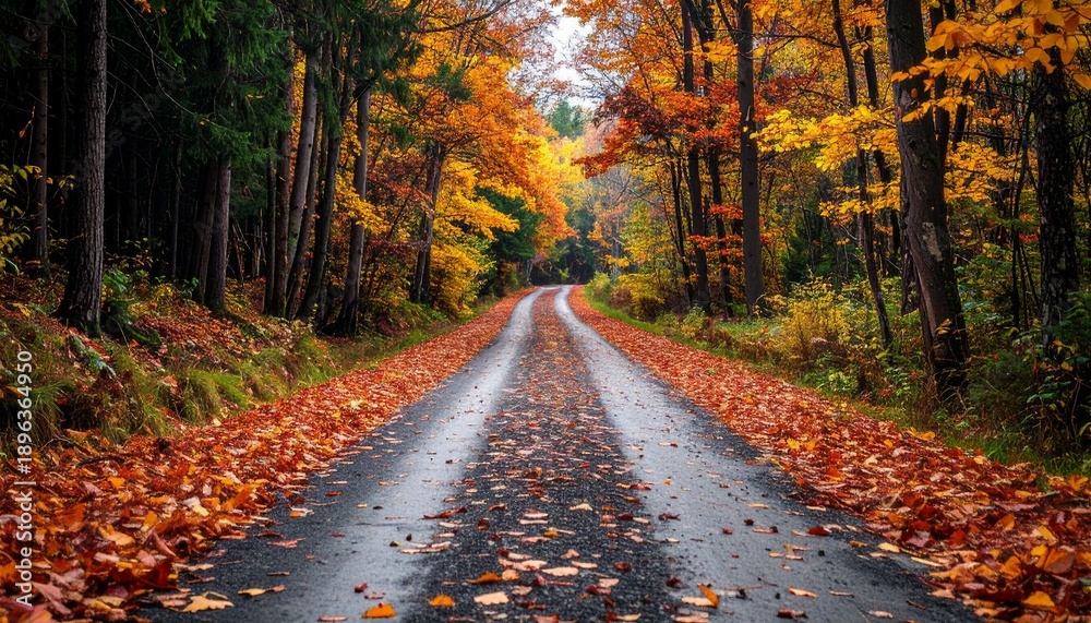 Fototapeta premium Autumn Road - A Scenic Drive Through Vibrant Fall Foliage.