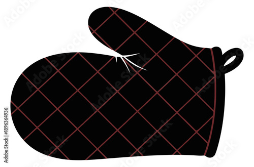 A black and red plaid oven glove with a sparkle, viewed from the front, against a clean background, showcasing kitchen utility and safety.