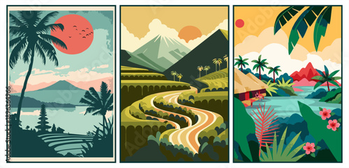 Vintage travel poster triptych featuring tropical rice terraces, mountains, and island beach scenery