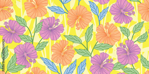 Beautiful tropical floral pattern fashion, creating a lovely, soft look. Sweet hibiscus flower design for summer wear, shirts, sun hats, bags. Seamless colorful hibiscus floral print. yellow color. 