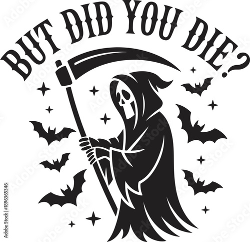 Grim reaper holding scythe with bats and stars