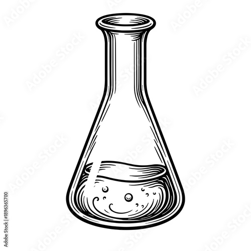 A vintage round bottom flask filled with liquid in engraved handdrawn style. Concept of chemistry and laboratory experiment for science content and design