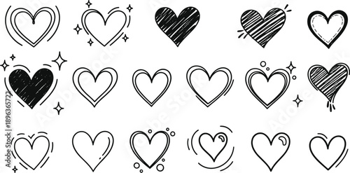 Hand drawn black heart icons set with doodle sketch styles romantic love symbols vector illustrations isolated