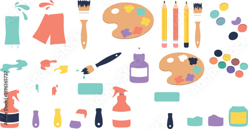Set of painting supplies including brushes palettes pencils paint bottles sprays and colorful splashes vector illustration elements isolated