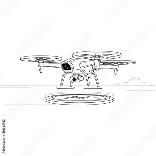 Drone with camera taking off from landing pad in sky with clouds illustrating technology and innovation in flight