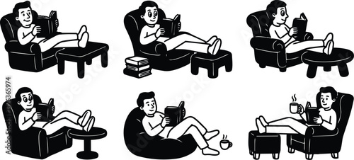 Line art reclining reader set showing six cartoon characters reading books in armchairs beanbag and footstool with coffee cup stack of books relaxed mood casual pose