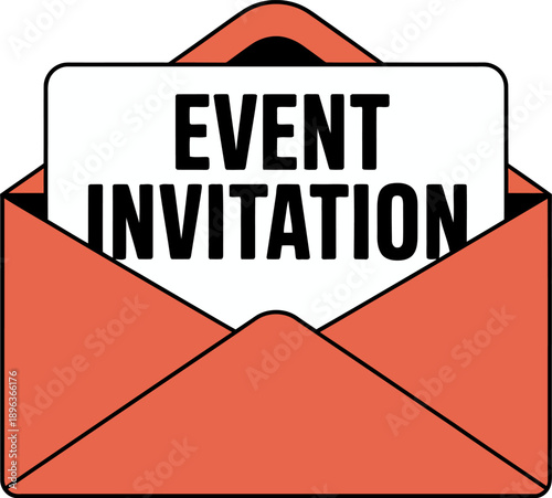 Minimalist Vector Illustration of an Open Coral Orange Envelope Containing a White Card with Bold Black Text Reading 'EVENT INVITATION' for Celebrations and Announcements on Black Background
