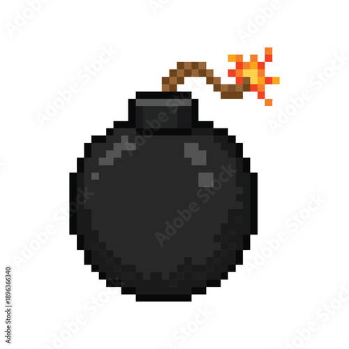 Classic pixel art black bomb with burning fuse vector icon