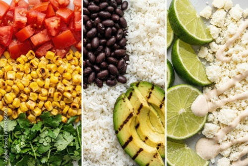 Freshly prepared ingredients for a vibrant bowl of cuisine featuring diced tomatoes, sweet corn, black beans, fluffy rice, grilled avocado, zesty lime slices, and creamy dressing