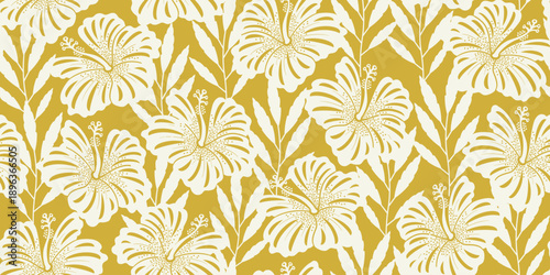 Tropical hibiscus yellow pattern. Exotic floral pattern blooms yellow motif, Yellow Mustard Hibiscus flower design. decorative summer pattern for Hawaiian shirts. Monochromatic botanical motifs.
