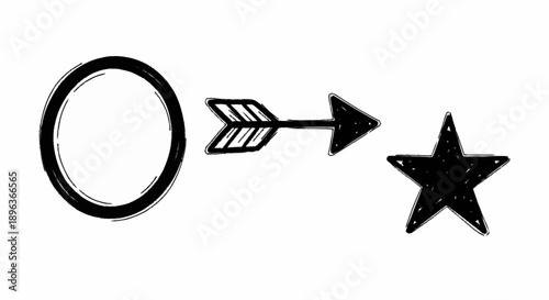 Hand drawn circle arrow and star illustration on white background.