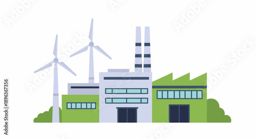Sustainable Factory Plant Over Green Hill with Wind Turbines Viewed from Above