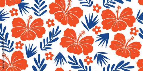 red hibiscus design pattern, blue leaf on white background. hibiscus motif summer patterns for Hawaiian shirts. botanical motif floral hibiscus. beautiful pattern flowers, seamless print. 