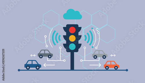 Smart Traffic Light System Diagram Shows Cloud-Vehicle Communication with Arrows and Hexagon Patterns