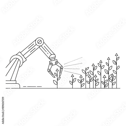 Robotic arm watering growing plants in modern agricultural setting illustrating automated farming technology with minimalist line art style