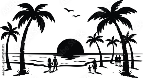 Minimalist silhouette beach sunset with palm trees couples holding hands walking along shoreline low angle vector art tropical romantic peaceful black and white flat design birds